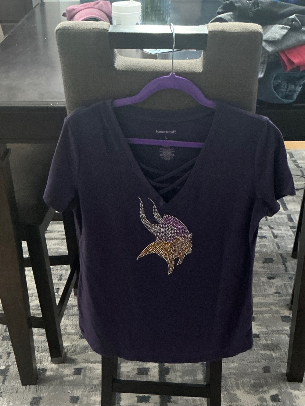 boxercraft Purple Short-Sleeve V-Neck Rhinestone Minnesota Vikings Tee